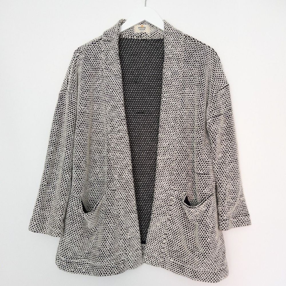 Marine Layer Women’s Medium Birdseye Black Cream Open Front Cardigan 3/4 Sleeves